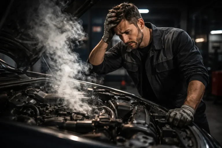 Mecánico inspeccionando motor con humo señales de avería
